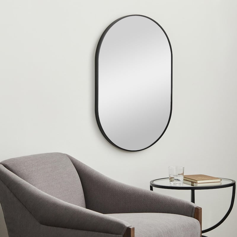 Livabliss Aranya Modern Aluminum Oval Pill-Shaped Accent Mirror - 20"H x 30"W x 1.1"D - Black