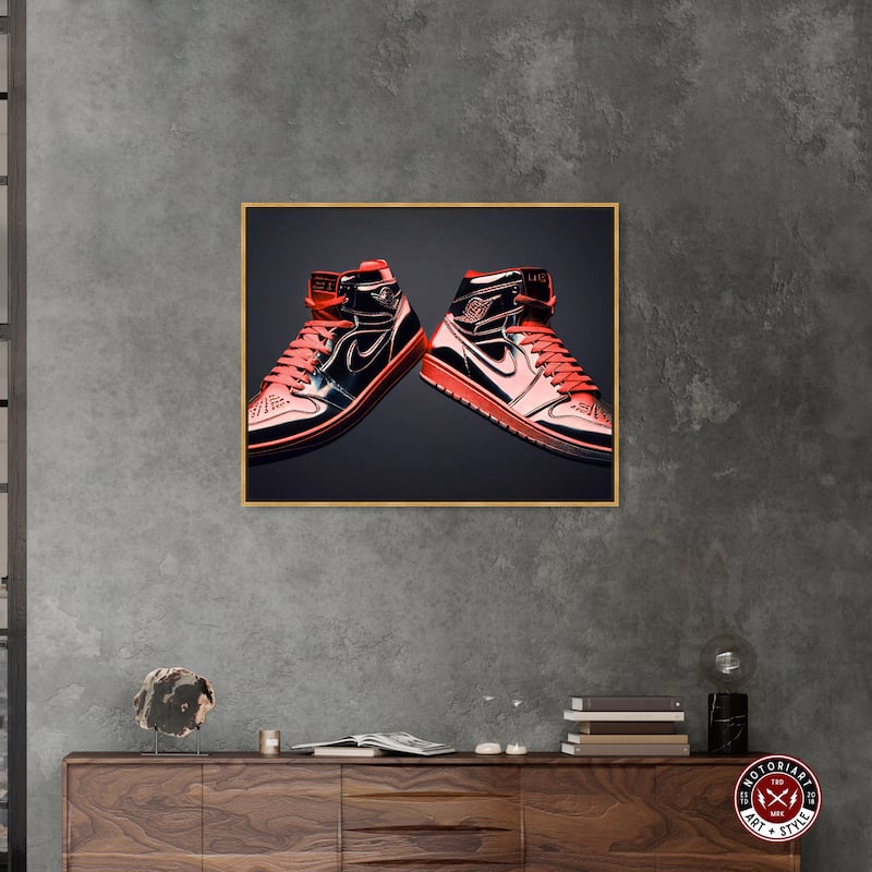 Notoriart Red Sneakers On Display Framed Sneaker 1 Piece Canvas Wall Art