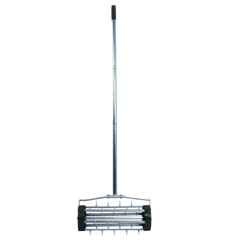 Rolling Lawn Aerator, Rotary Push Tine Spike Soil Gardening Tool, 3-Piece Long Steel Handle - 16"W