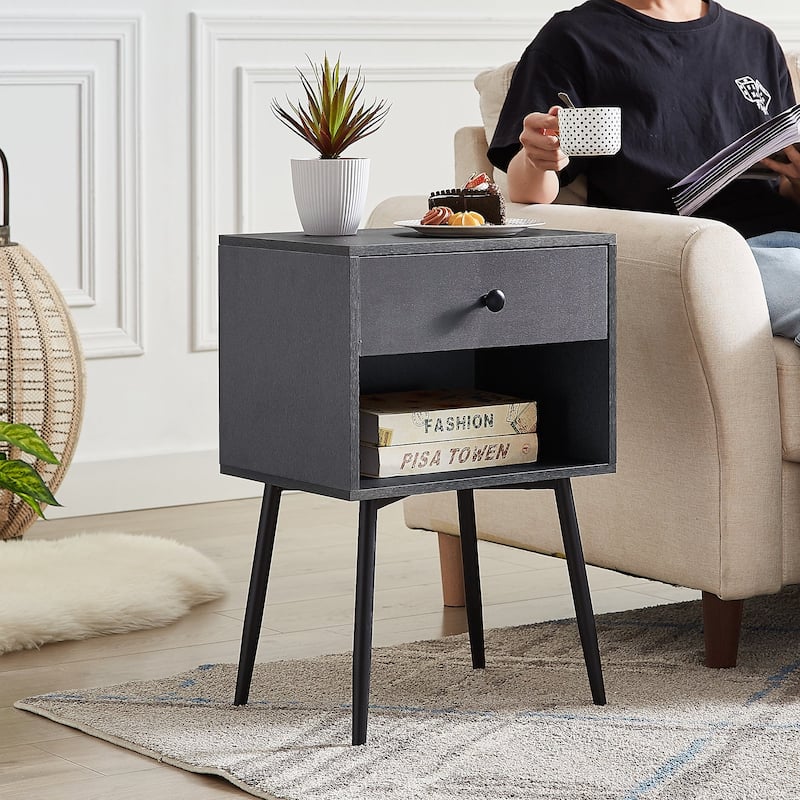 Javlergo Mid-Century Nightstand with 1-Drawer and Open Storage Shelf