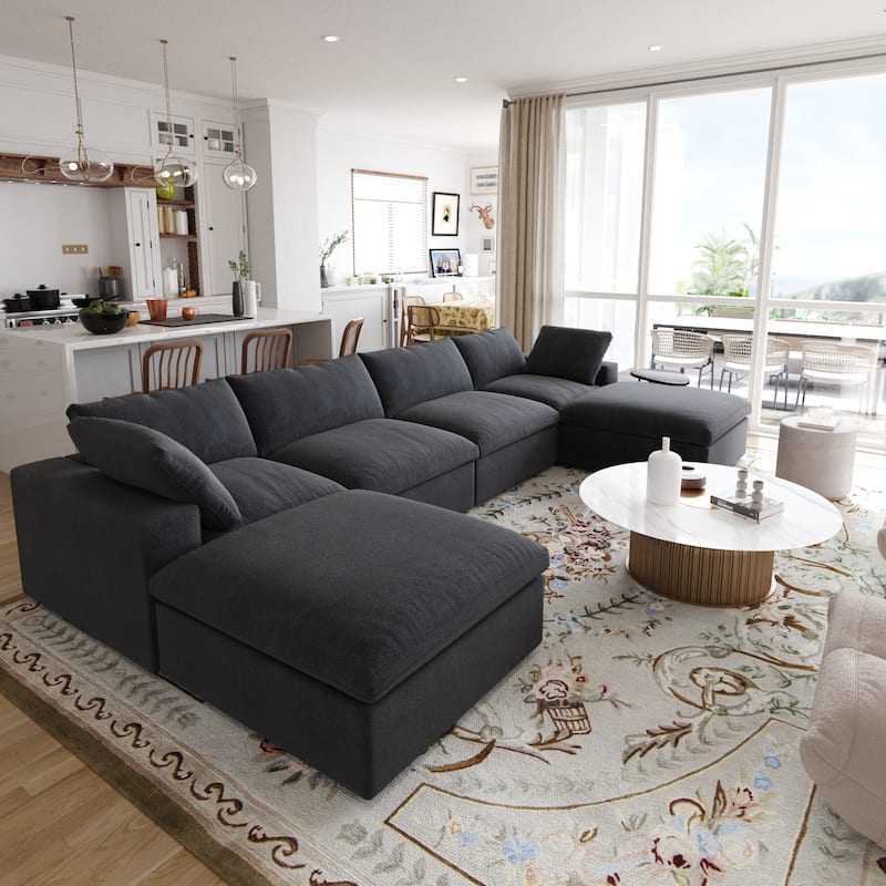 156" Convertible Modular Sectional Sofa Couch, Modern U Shape Minimalism Sofas Couches with Pillows - Black