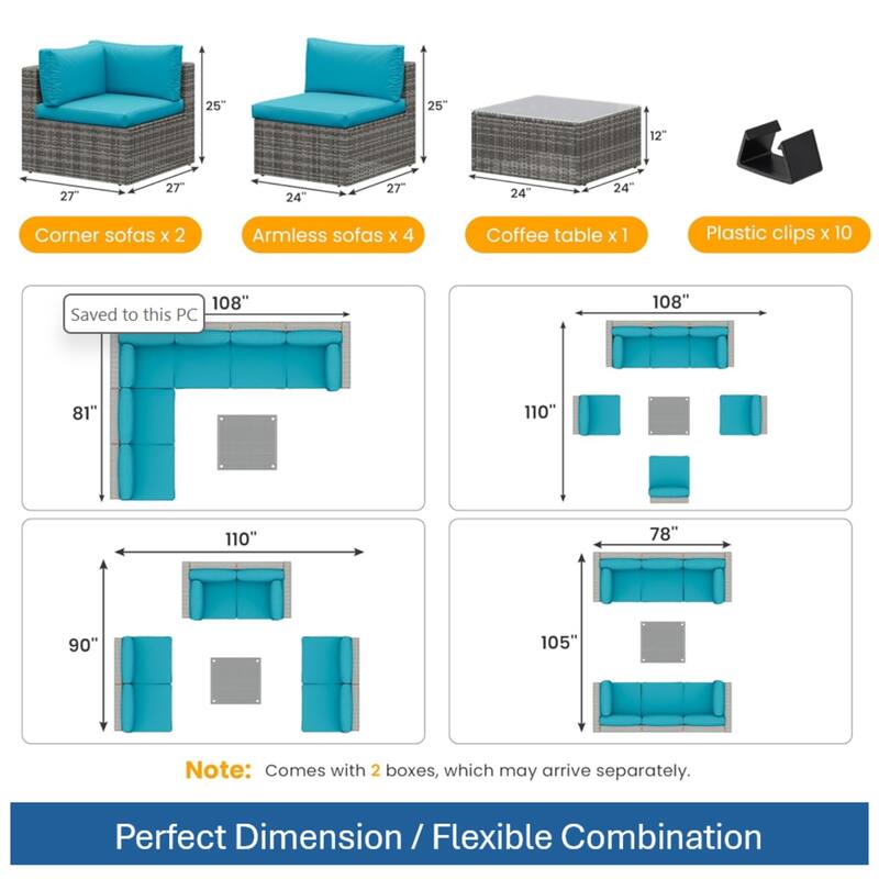 7-Piece Wicker Patio Set with Light Blue Cushions and Glass Coffee Table