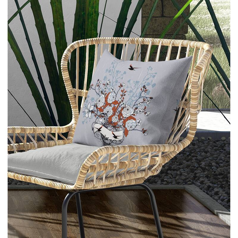 Elegant Floral Bouquet Indoor/Outdoor Reversible Throw Pillow Gray and Orange