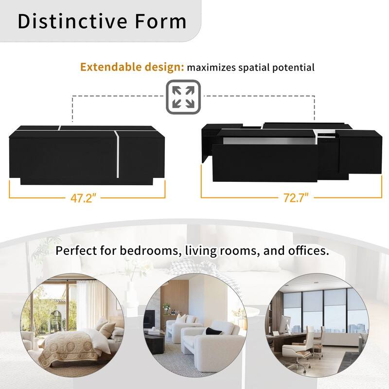 47.2''-72.7'' Extendable Coffee Table, Multi-Functional Coffee Table with High-Gloss Finish