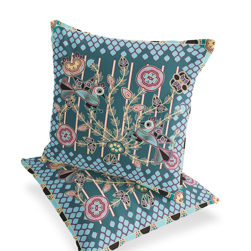 HomeRoots Set of Two 16" X 16" Green and Pink Peacock Blown Seam Floral Indoor Outdoor Throw Pillow - 16.00' X '16.00' X '5.00