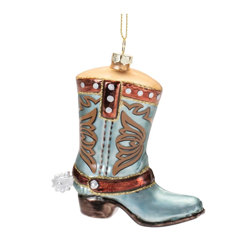 Set of 6 Red and Blue Cowboy Boot Glass Ornaments Rustic Western Style for Holiday Tree Decor - 3.5”L x 1.5”W x 4.25”H