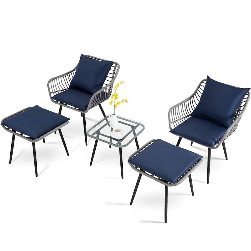 5 Piece Patio Bistro Set with Ottoman, Outdoor Wicker Furniture Sets - Blue