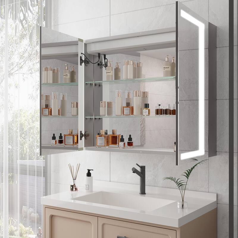 36" Surface Mount Aluminum Medicine Cabinet with Double Door, Mirror and LED Lights