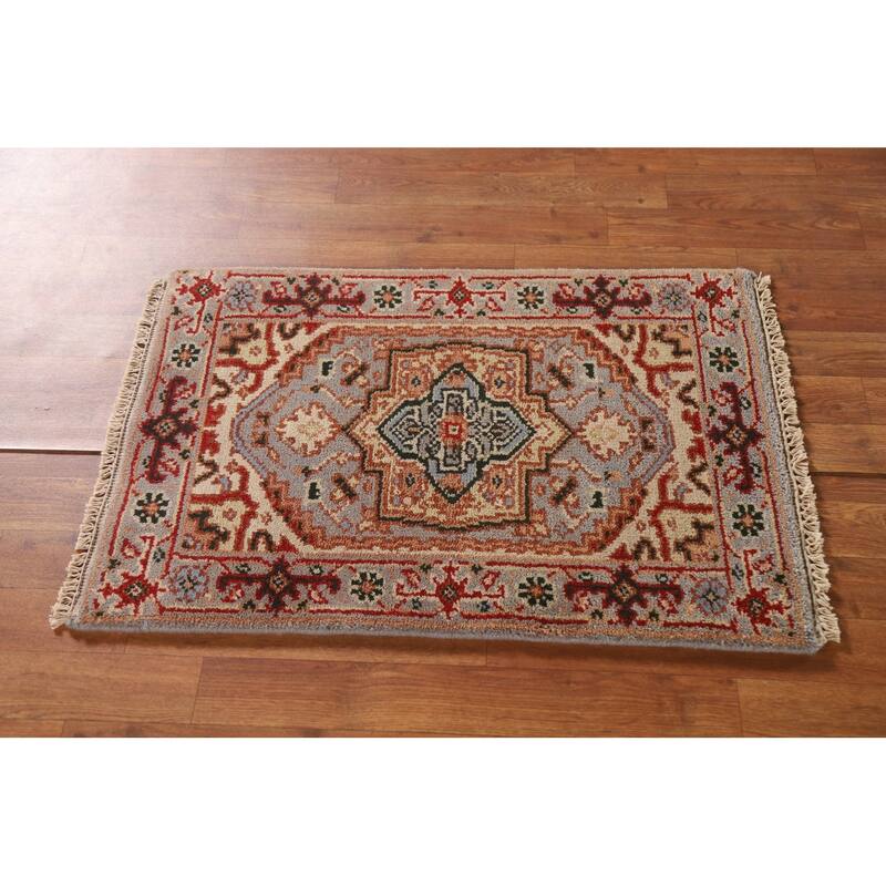 Geometric Grey Heriz Serapi Indian Rug Hand-Knotted Wool Carpet - 2'0"x 3'0"