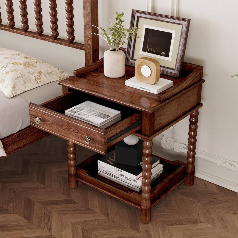 Retro Bedside Table, Nightstand with Drawer and Open Shelf for Bedroom - Walnut