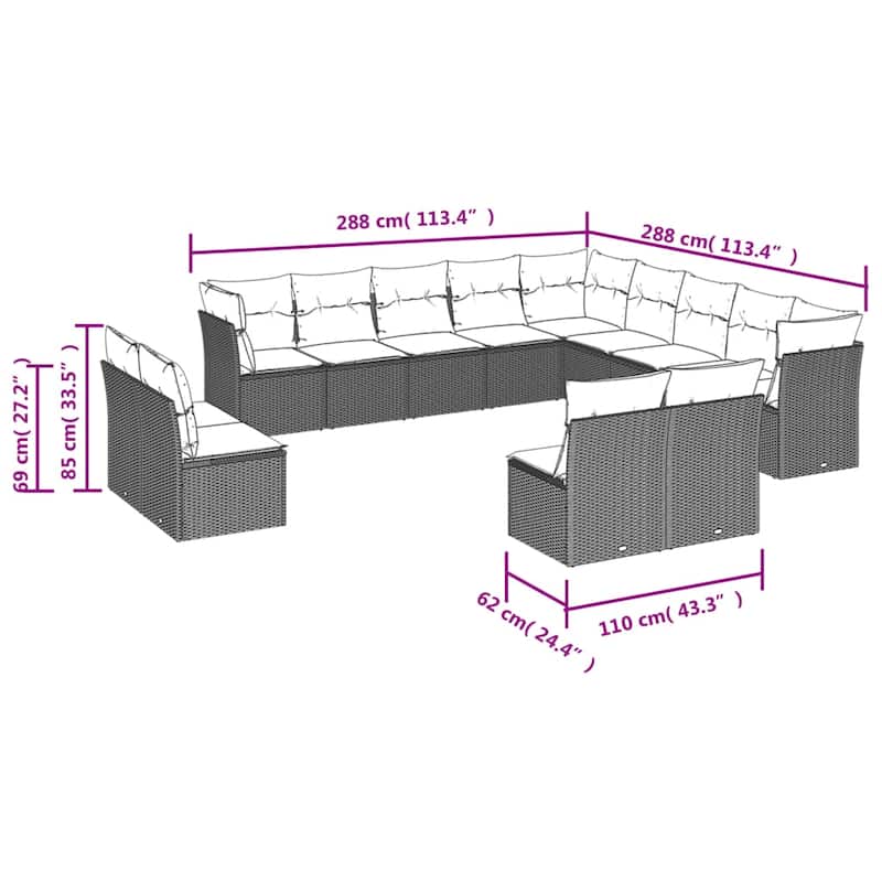 vidaXL Patio Sofa Set with Cushions Outdoor Conversation Furniture Poly Rattan - 21.7" x 24.4" x 27.2"