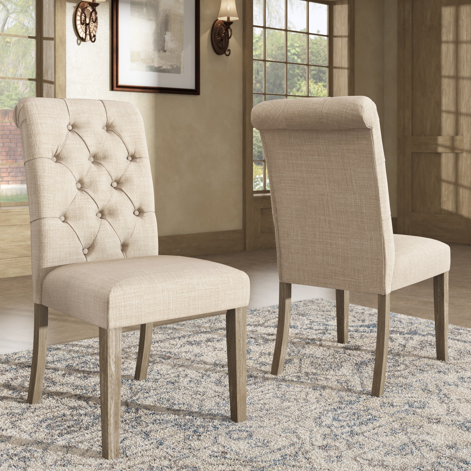 iNSPIRE Q Artisan Benchwright Linen Tufted Dining Chair with Grey Finish Legs (Set of 2)