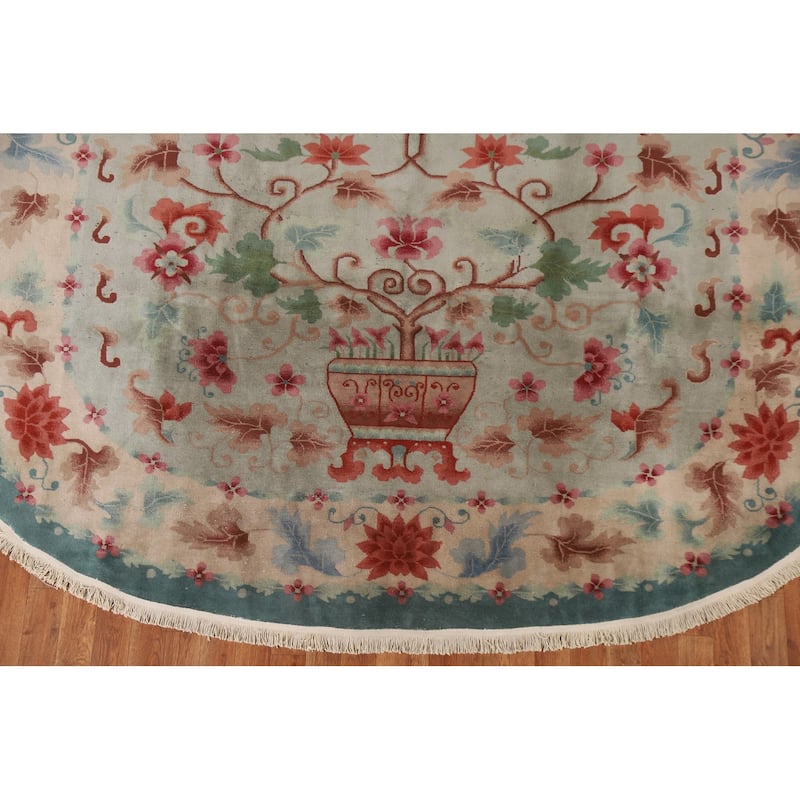 Hand Knotted Oriental 100% Wool Carpet Traditional Floral Green Art Deco Area Rug - 9' 8'' X 7' 11''