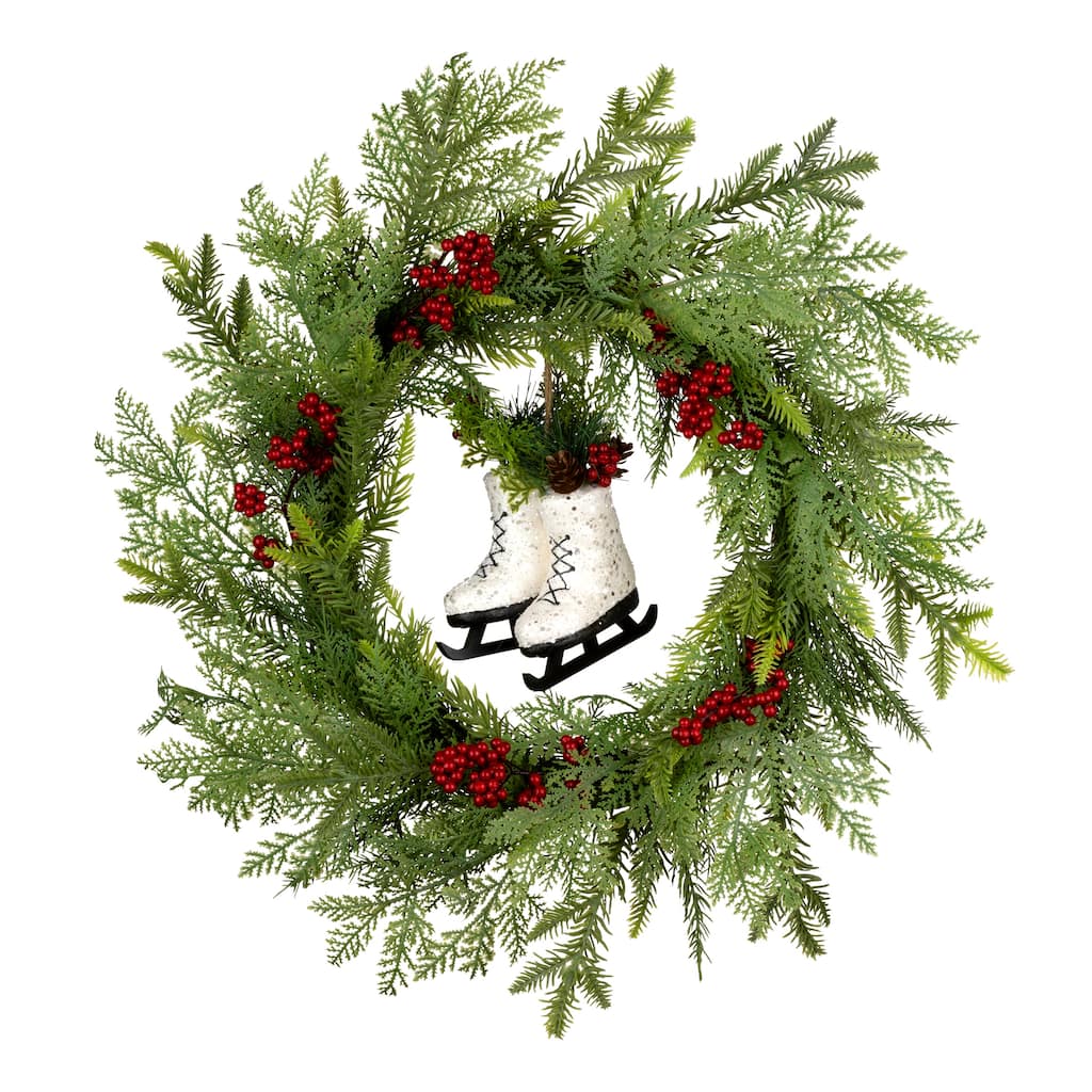 National Tree Company 22 in. Artificial Winter Skates Christmas Wreath with Red Berries and White Skates - 22 in