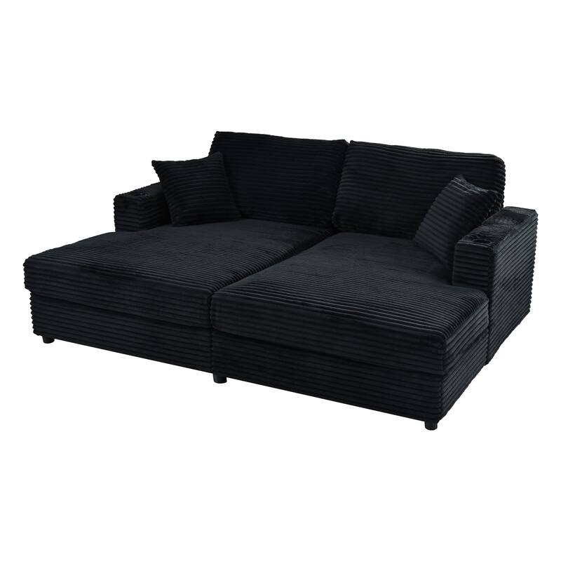 86.5" Corduroy Chaise Lounge Sofa with 2 USB Ports, Cup Holders, and 550lb Capacity