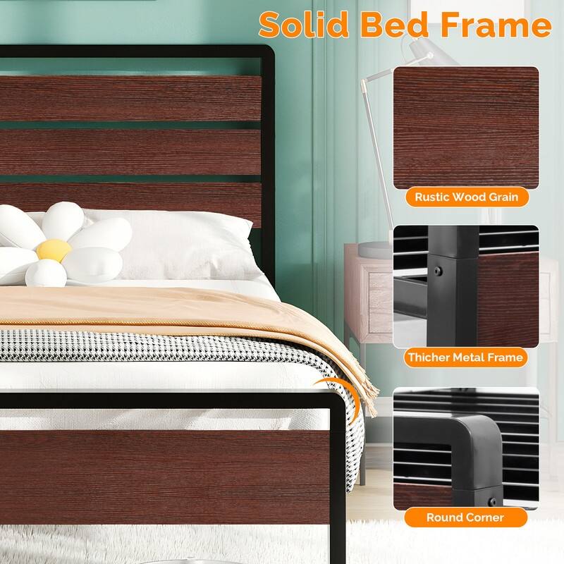 Bed Frame with LED Light and Charging Station, Metal Platform Bed with Wood Headboard