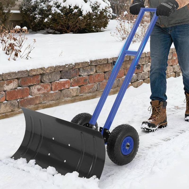 29.13x14 in Heavy Duty Rolling Snow Pusher Shovel for Driveway, Doorway, Sidewalk - Blue