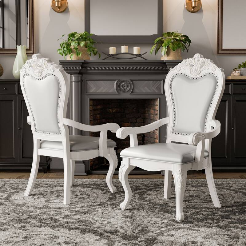 Furniture of America Eugene Traditional Solid Wood Dining Arm Chairs with Nailhead Trim and Cabriole Legs (Set of 2) - White