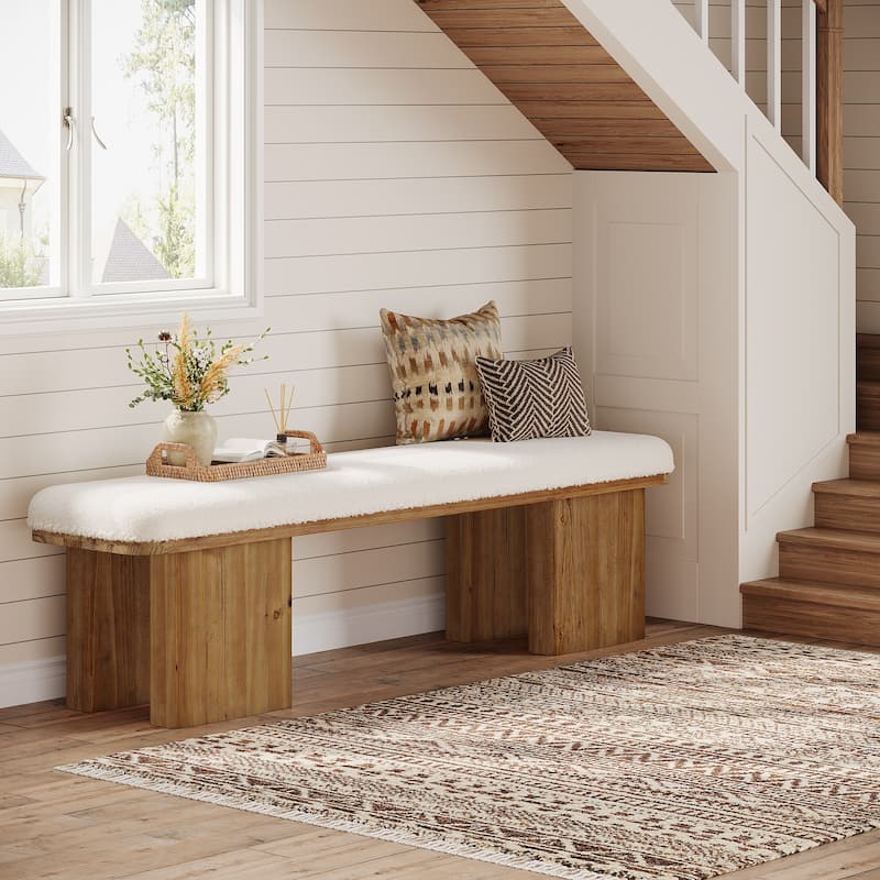 59.05-Inch Solid Wood Entryway Bench, Modern Upholstered End of Bed Bench, Long Ottoman for Bedroom, Entryway