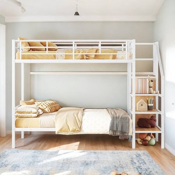 slide 2 of 13, Twin Over Twin Metal Bunk Bed with Ladder and Wardrobe, White White