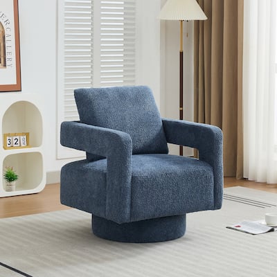 Navy Modern 29.13" Boucle 360° Swivel Accent Chair with Open Back and Solid Wood Frame