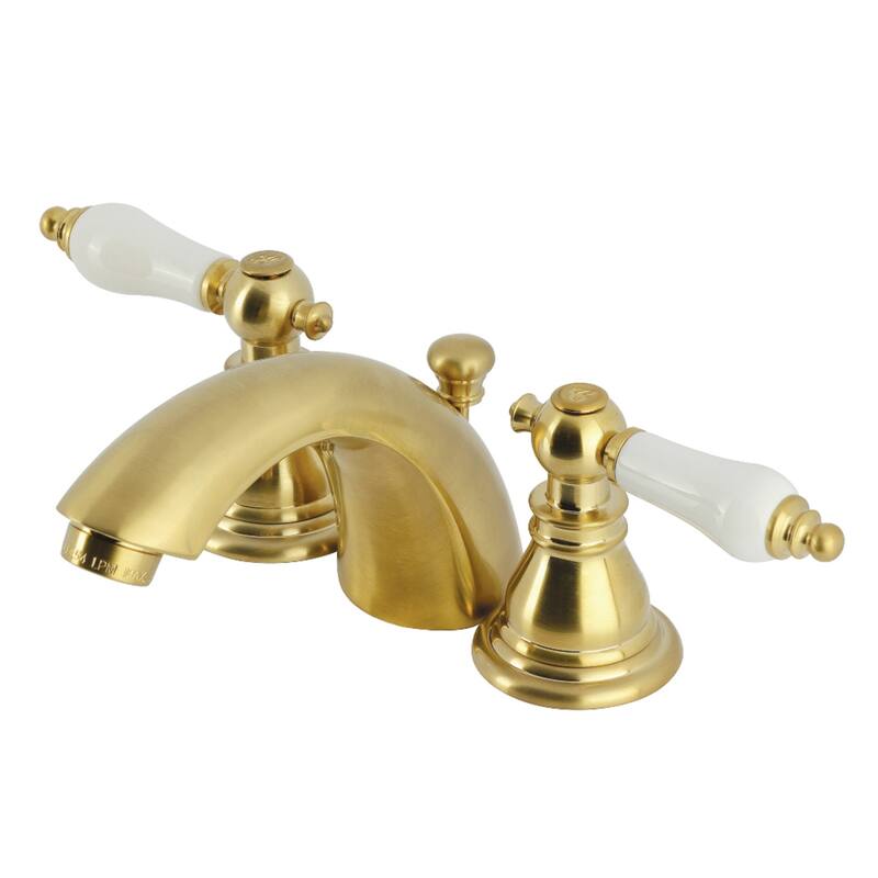 American Patriot Two-Handle 3-Hole Deck Mount Mini-Widespread Bathroom Faucet with Plastic Pop-Up - Brushed Brass