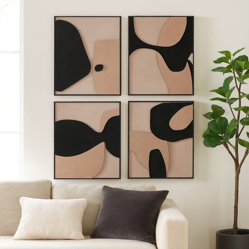 Leather Suede Wall Art Abstract Shapes (Set of 4) - 20" Brown/Black