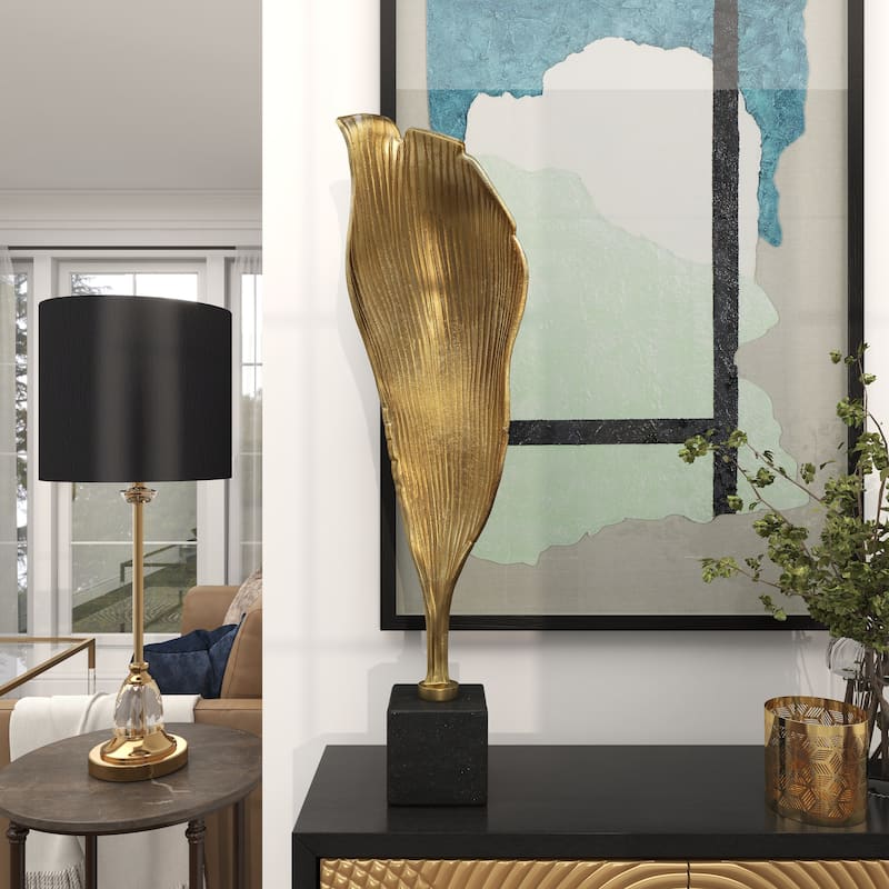 Gold Aluminum Metal Textured Leaf Abstract Sculpture with Black Marble Base