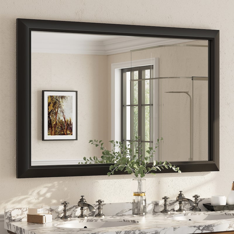 Beveled Metal Rectangle Framed Bathroom Vanity Tempered Glass Mirrors - 48" x 32" - Black
