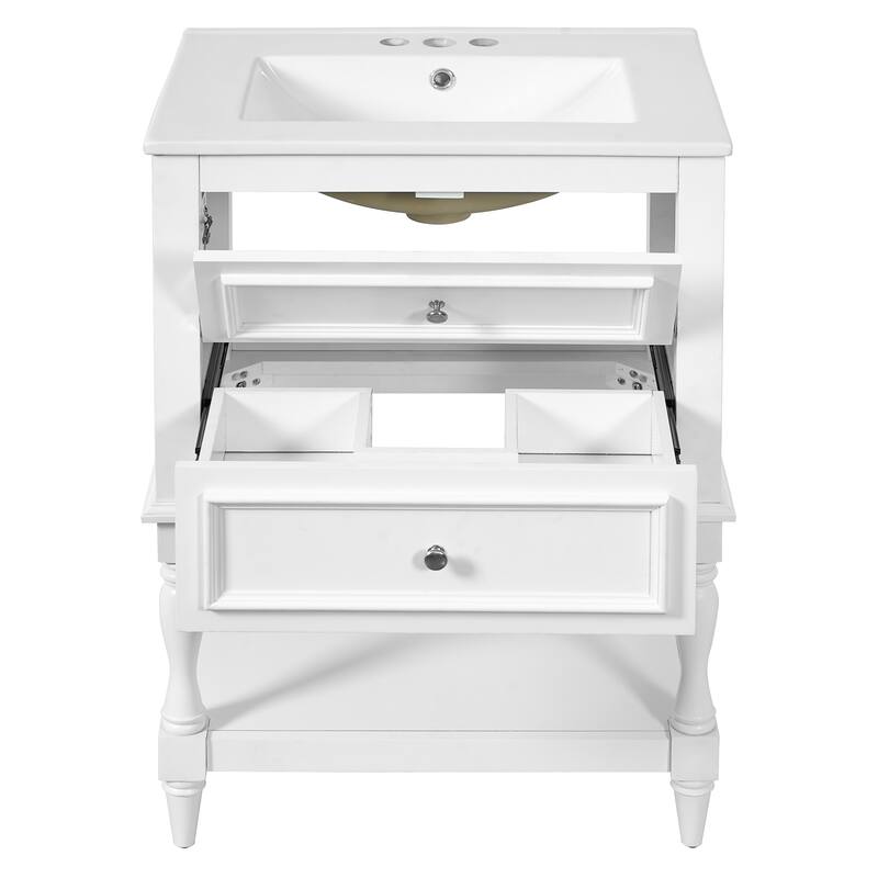 24" Bathroom Vanity with Ceramic Sink, Bathroom Storage Cabinet with Open Shelf, Retro Design Bathroom Cabinet with 2 Drawers