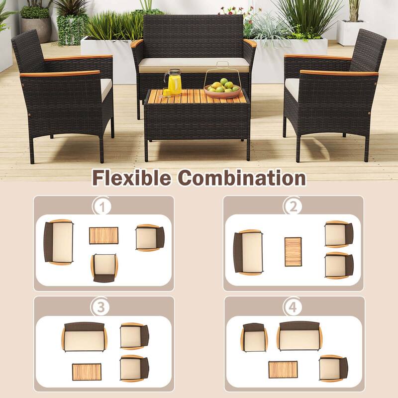 Costway 4 PCS Patio Wicker Sofa Set with Coffee Table Acacia Wood - See Details