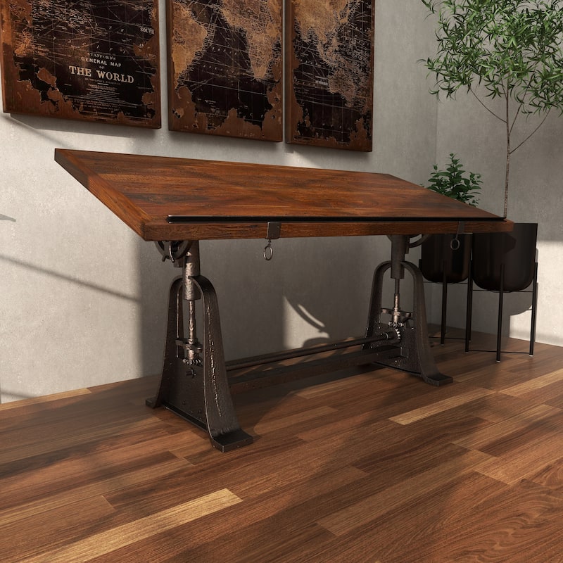 Teak Wood Drafting Style Desk with Tilting Top and Crank Height Adjustment - Brown - Roche River Decor