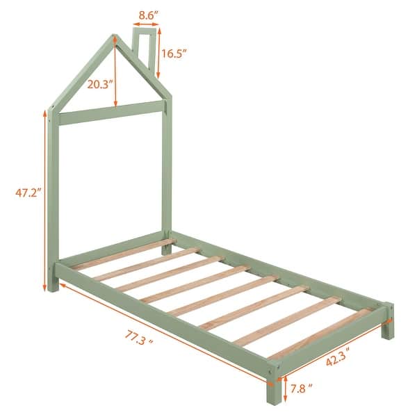 dimension image slide 7 of 8, Wooden Platform Bed with Wood Slat Support, Modern Solid Wood Kids Bed Frame with House-shaped Headboard, No Box Spring Needed