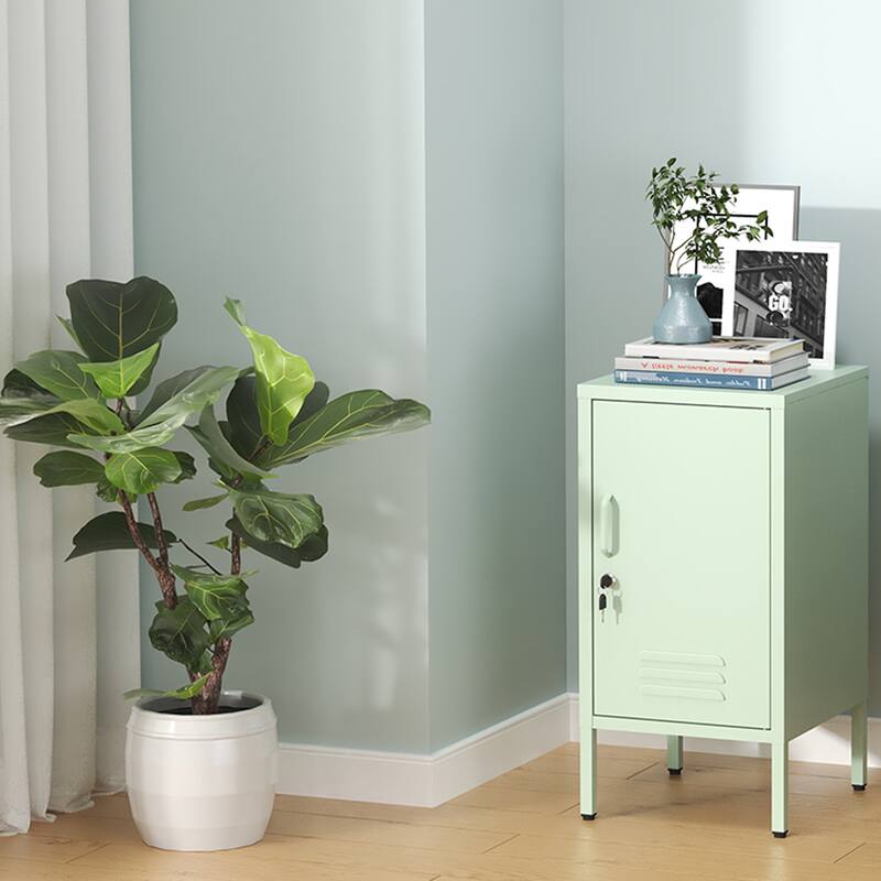 Single Door Lockable Metal End Table,Modern Minimalist Room Side Table with 2 Adjustable Shelf,Multi Storage Cabinet