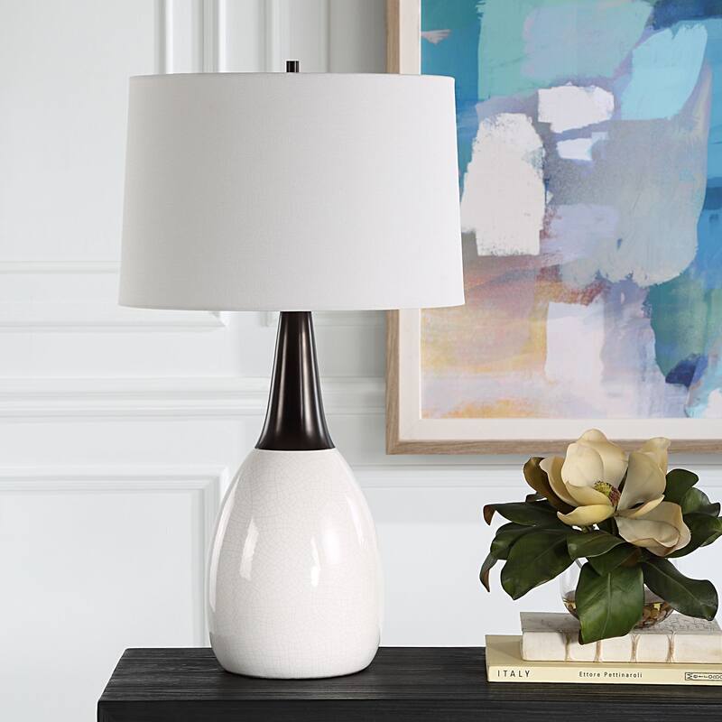 Crackled Table Lamp with Tapered Shade - 30.5" - White and Black
