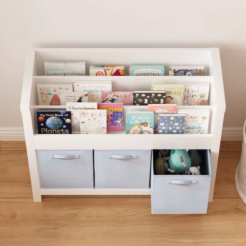 Kids 3-Tier Front-Facing Bookshelf with 3 Fabric Bins - Wooden Toddler Bookcase