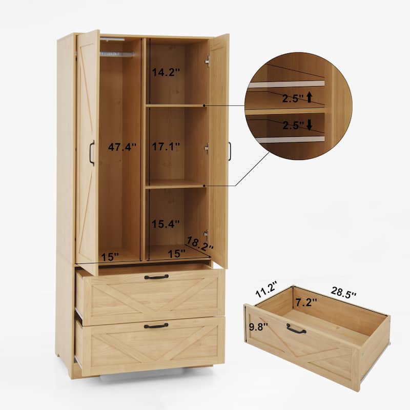 LED Wardrobe Cabinet Bedroom Tall Armoire with Mirror, Folding and Hanging Areas