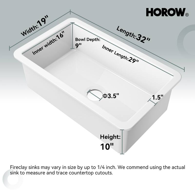 HOROW White Fireclay 32 in. Single Bowl Undermount/Drop-In Kitchen Sink with Basket Strainer and Sink Grid