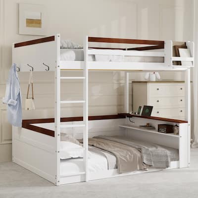 Queen Size Pinewood Bunk Bed with Built-in Shelves, Storage Box, LED Lights and USB Charging Station