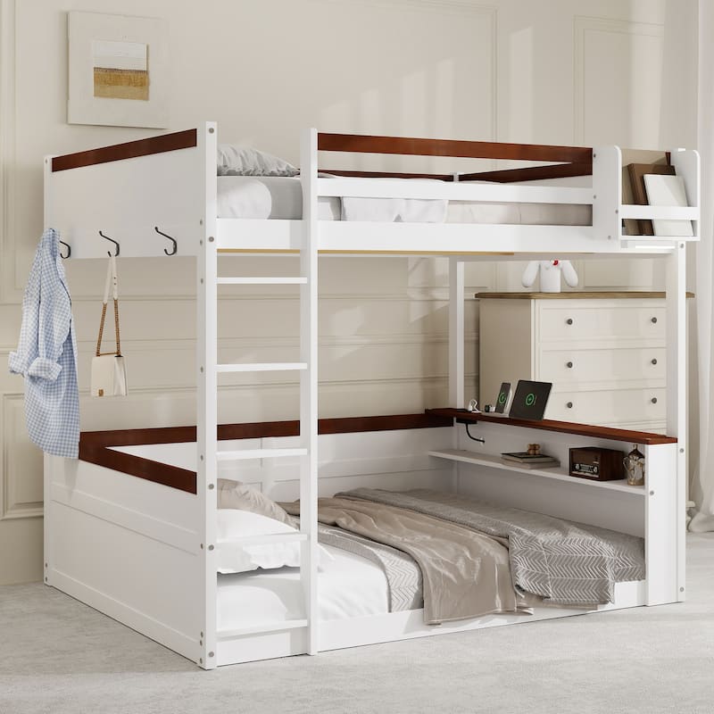 Queen Size Wooden Bunk Bed with Built-in Shelves, Storage Box, 3 Metal Clothes Hooks, Ladder, LED Light and USB Charging Station