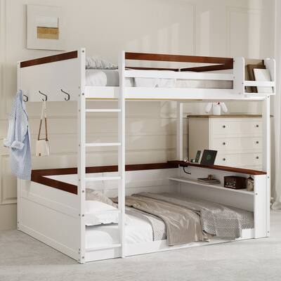 Queen Size Wooden Bunk Bed with Built-in Shelves, Storage Box, LED Light & USB Charging Station, Space-Saving Design