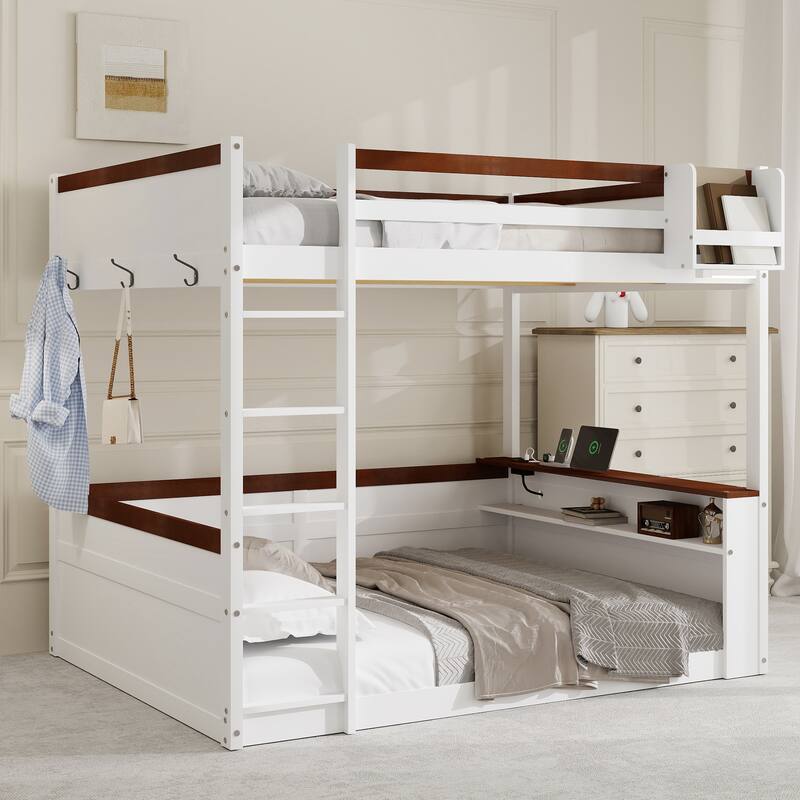 Queen Size Wooden Bunk Bed with Built-in Shelves & Storage - Includes LED Light & USB Charging Statio
