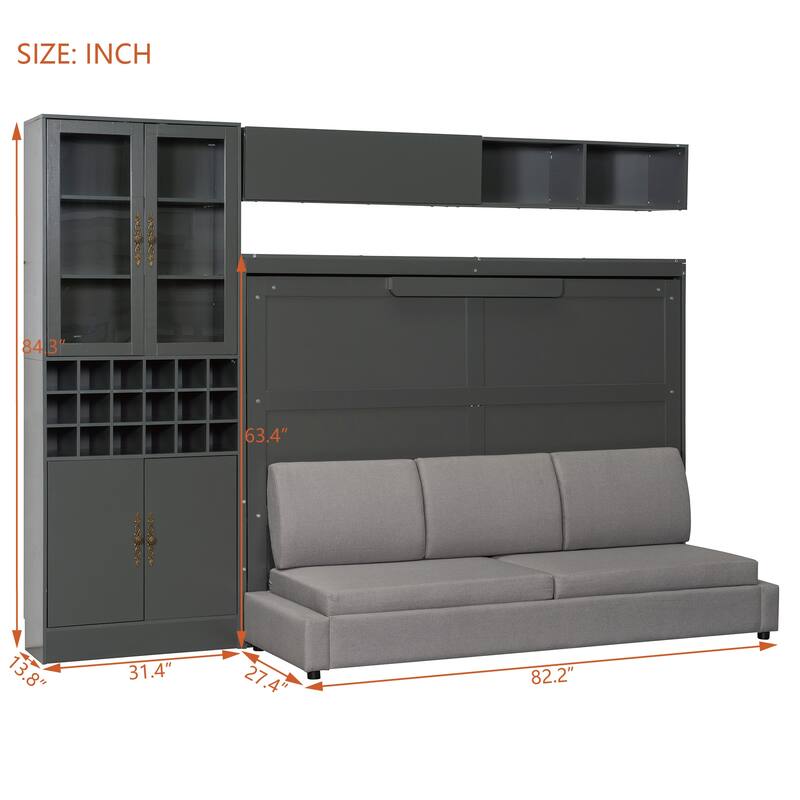 Space-Saving Full Size Murphy Bed with Sofa, Shelves, USB & Light in Gray