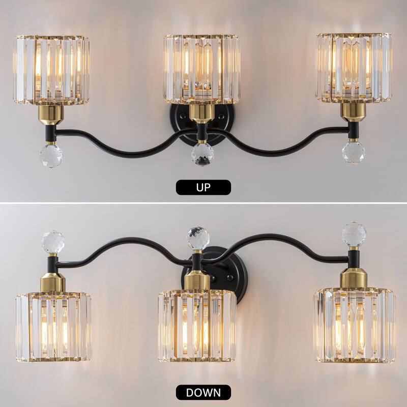 Starsky 3-Light Modern Crystal Bathroom Vanity Fixture with Ribbed Glass Shades and Sparkling Crystal Ball Accents