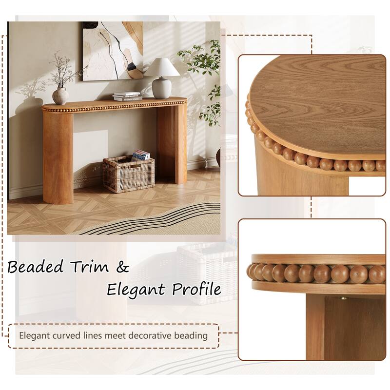 Vintage Console Table With Beaded Trim And Reversible Curved Legs,Natural Wood Veneer Finish-Entryway Accent Table