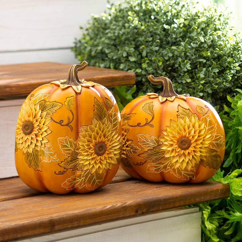 Carved Pumpkins with Sunflowers, Set of 2