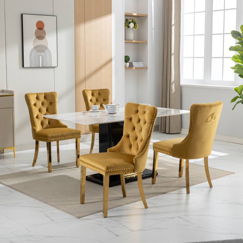 Velvet Dining Chairs Set of 2, Tufted Upholstered Dining Room Chairs, Kitchen Chair with Back Ring Pull & Nailhead Trim