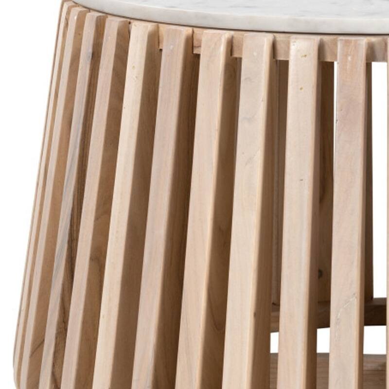 HomeRoots 34" White and Natural Genuine Marble and Wood Round Drum Coffee Table - 34.00 in. x 18.10 in. x 34.00 in.