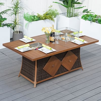 Patio Rectangle Wicker Dining Table with Fire Pit and Ice Bucket
