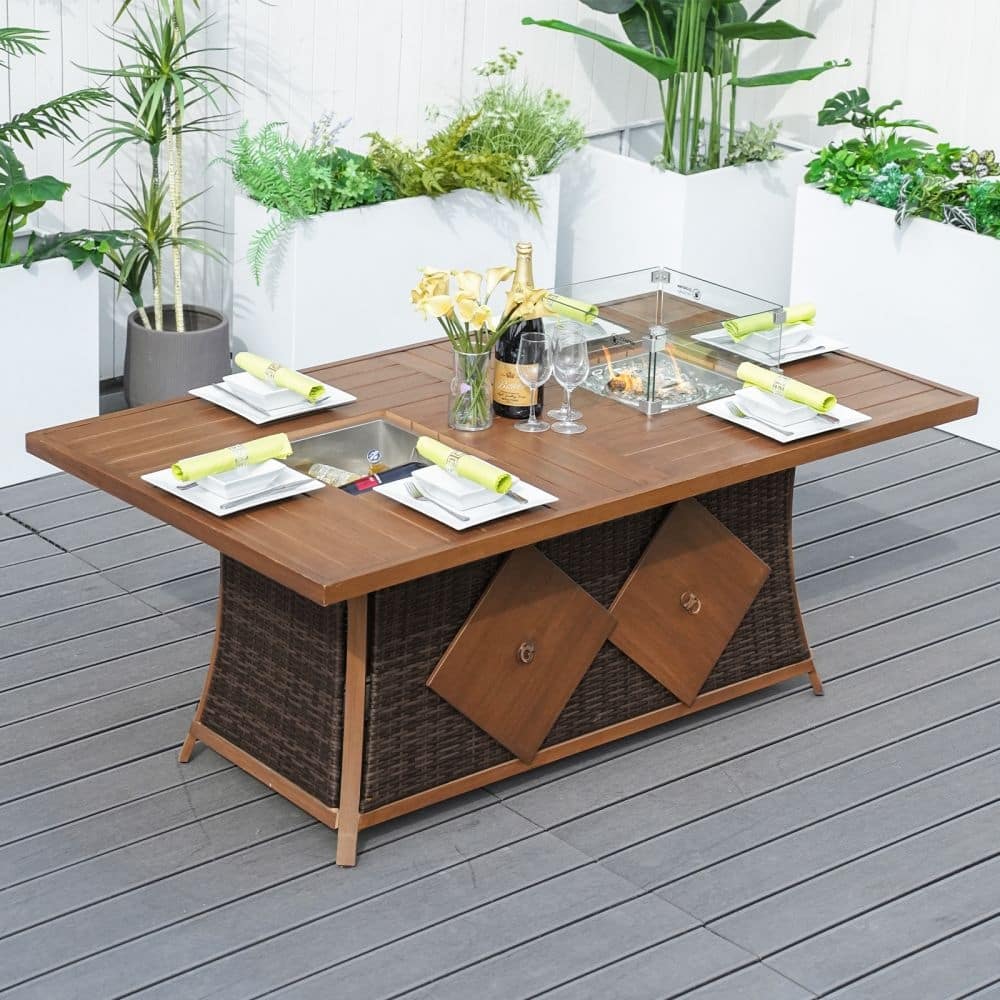 Patio Rectangle Wicker Dining Table with Fire Pit and Ice Bucket